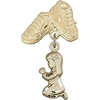 Jewels Obsession Baby Badge with Praying Girl Charm and Baby Boots Pin | Gold Filled Baby Badge with Praying Girl Charm and Baby Boots Pin - Made in USA