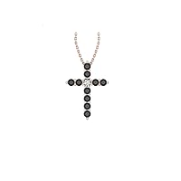 14k Rose Gold timeless cross pendant set with 10 charismatic black diamonds (1/4 ct, I1 Clarity) encompassing 1 round white diamond, (.035 ct, H-I Color, I1 Clarity) hanging on a 18