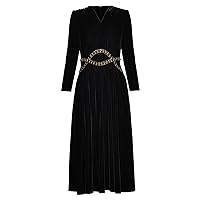 Black Velour Dress Women's V Neck Long Sleeve High Waist Dress A-LINE Slim Midi Dresses