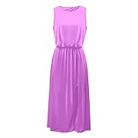 Women's Summer Dress Ladies Women Round Neck Sleeveless Tummy Dress Bohi Sleeveless Side Slit Maxi Dress(Purple,Large)