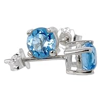 Sterling Silver Genuine Blue Topaz Stud Earrings 4 prong Basket Setting 4-6 mm Princess and Round