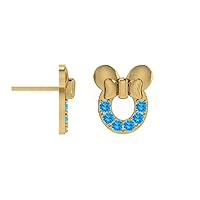 2MM Swiss Blue Topaz Round Cut Mickey Mouse Earring For Womens Tiny Girl 14K Yellow Gold Over Sterling Sliver