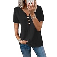 Women's Loose Casual lace Button Short Sleeve T-Shirt Summer V-Neck Fashion Tees Tops