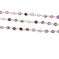 36 inch long gem amethyst 4-4.5mm round shape faceted cut beads wire wrapped gold plated rosary chain for jewelry making/DIY jewelry crafts #Code - ROSARYCH-0031
