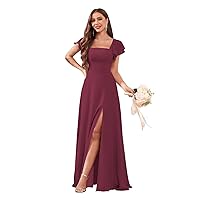 Square Neck Bridesmaid Dresses for Women with Slit Chiffon Short Sleeve Long Formal Evening Dress