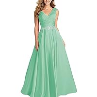 V-Neck Pleated Satin Prom Dress Beaded Long Formal Evening Gowns for Women