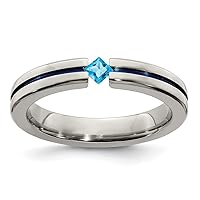 Edward Mirell Titanium Polished Engravable Blue Topaz and Blue Anodized 4mm Band Jewelry Gifts for Women - Ring Size Options: 11 12 9.5