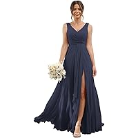 Chiffon Bridesmaid Dresses for Wedding with Pockets A-line Ruffles Long Chiffon Formal Party Dress with Slit