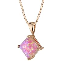PEORA Solid 14K Rose Gold Created Pink Opal Pendant for Women, Classic Solitaire, Princess Cut, 8mm, 1 Carat total