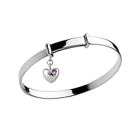 Little Girl Sterling Silver Simulated Birthstone Heart Charm Adjustable Bangle Bracelet