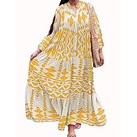 Women Boho Floral Maxi Dress Flowy Casual Lantern Long Sleeve Azect Geometric Print Fall Button Down Shirt Dress
