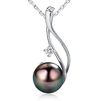 CHAULRI Authentic South Sea Tahitian Black Pearl Pendant Necklace 9-10mm Round 18K Gold Plated 925 Sterling Silver - Jewelry Gifts for Women Wife Mom Daughter