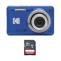 Kodak PIXPRO Friendly Zoom FZ55 Digital Camera (Blue) Bundle with 64GB Ultra SDXC UHS-I Memory Card (100MB/s Read Speed) (2 Items)