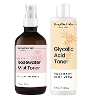 Simplified Skin Rose Water Face and Hair Toner, USDA Organic Facial Mist 4 Oz and Glycolic Acid Toner for Hydrating, Anti-Aging Skin 8 Oz