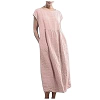 Spring Dresses for Women, Women's Summer Casual Solid Color Sleeveless O-Neck Loose Pocket Stitching Cotton Linen Dress