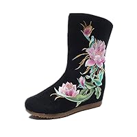 Women and Ladies Peony Embroidery Mid-calf Boots Wedge Short Boot Shoes