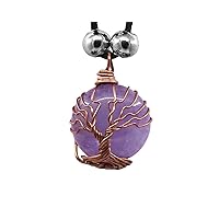 Tree of Life Copper Metal Wire Wrapped Round Healing Gemstone Crystal Cabochon Pendant Adjustable Necklace - Womens Fashion Handmade Jewelry Boho Accessories