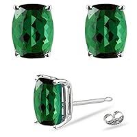 5.18-6.32 Cts of 10x8 mm AAA Elongated Cushion Cut Russian Lab Created Emerald Stud Earrings in 14K White Gold