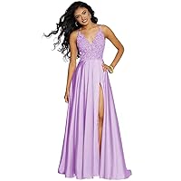 Women's Prom Dresses Spaghetti Straps Slit Lace Satin Formal Evening Party Gown with Pockets