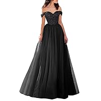 CWOAPO Sparkly Sequin Prom Dresses 2024 Off Shoulder Long Formal Dresses A Line Tulle Ball Gowns for Women