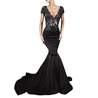Women's Long Evening Dresses Mermaid Lace Appliques Satin Formal Prom Gowns