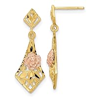 14k Gold Two-Tone D/C Flower Post Dangle Earrings