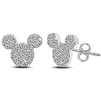 Round Cut D/VVS1 Diamond Mickey Mouse Stud Earrings For Women's Girl's 14K White Gold Plated 925 Sterling Silver