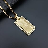 Men's Masonic Dog Tag Pendant Necklace with CZ Men Jewelry Stainless Steel Gold Tone Hip Hop Accessories C147V (Gold Color-68cm)
