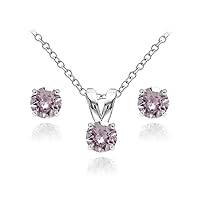 B. BRILLIANT Sterling Silver Small Dainty Crystal Solitaire Necklace & Stud Earrings Birthstone Jewelry Set for Women Girls Bridesmaids