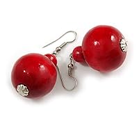 Red Wood Bead Drop Earrings - 50mm Long