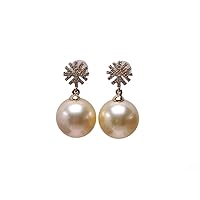 JYX Pearl 14K Gold Earrings AAA 9.5mm Round Golden South Sea Pearl Drop Earrings for Women