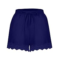 Womens Summer Shorts Casual Dressy Lace Trim Drawstring Elastic Waist Beach Pants Workout Gym Plus Size Solid Shorts