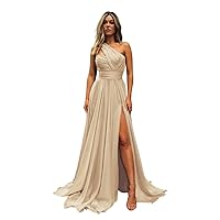 Maxianever Plus Size Long Bridesmaid Dresses One Shoulder Chiffon Sleeveless Formal Evening Prom Dresses with Slit Women Champagne US22W