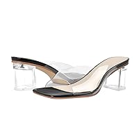 LISHAN Square Open Toe Mules Clear Mid Block Heeled Sandals for Women