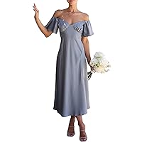 2023 Summer Women's Satin Off Shoulder Formal Dress Wedding Guest Elegant Butterfly Sleeve Split Cocktail Prom Midi Dresses