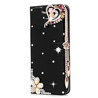 Crystal Wallet Phone Case Compatible with Samsung Galaxy Note 10 Plus 5G -Heart Pendant Black 3D Handmade Sparkly Glitter Bling Leather Cover Screen Protector & Neck Strip Lanyard, 6.8-inch