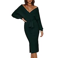 Womens V Neck Sweater Wrap Dresses Batwing Sleeve Sexy Backless Slit Maxi Knit Dress with Belt