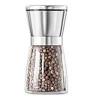Kitchen Pepper Grinder, Clear Glass Pulverizer with Stainless Steel Cap Cover, Adjustable Roughness