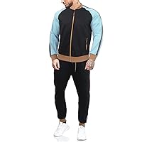 Mens Full Zip Up Hoodies 2 Piece Outfits Long Sleeve Tracksuits Striped Patchwork Sweatshirts and Sweatpants Sets