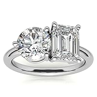 10K Solid White Gold Handmade Engagement Rings 2.0 CT Emerald & Round Manual Cut Premium Simulated Diamond Solitaire Wedding/Bridal Ring Set for Women/Her Propose Ring