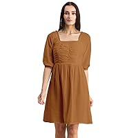 Women’s Solid Ruched Midi Dress, Smocked Style, Elbow Sleeves Dress
