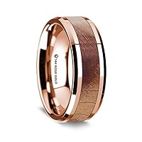 14K Rose Gold Polished Beveled Edges Men's Wedding Band with Olive Wood Inlay - 8 mm