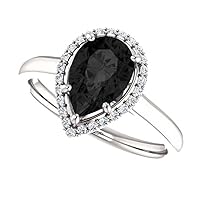 1.00 CT Halo Pear Shape Black Diamond Engagement Ring 14k White Gold, Halo Tear Drop Black Onyx Bridal Ring,Halo Black Diamond Pear Proposal Ring, Beautiful Ring For Her