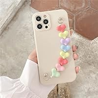 Korea 3D Cute Love Heart Wrist Phone Chain Case for iPhone 13 Pro Max 12 11 Mini XR X XS 7 8 Plus Soft Back Cover for iPhone 13,Cream,for iPhone 8 Plus