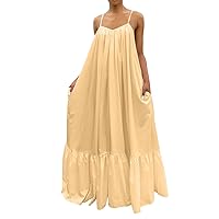 Women's Casual Loose Loose Dress Sleeveless Knee Length Long Cami Maxi Dresses with Pocket