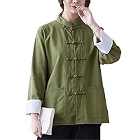 Chinese Style top Female Stand-up Collar Long Sleeve Cotton Linen Retro Suit Blouse Zen Tea