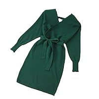 Elegant Long Sleeve Knitted Sweater Dress V Neck Bandage Short Dress
