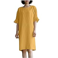 Womens Ruffle Trim Half Puff Sleeve Cotton Linen Knee Dresses Summer Round Neck Casual Loose Fit Swing Tunic Dress