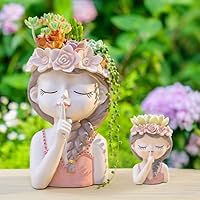 Girl face planters -Tranquility 2pack Cute Big Succulent Pot with Drainage Hole Tall Lady Head Planter Resin Flower Pot Decorative vase for Indoor/Outdoor Plants Gifts for mom/Aunt/Lover