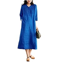 Women' Summer Casual Cotton Linen Dress with Sleeve V-Neck Solid Soft Loose Female Elegant